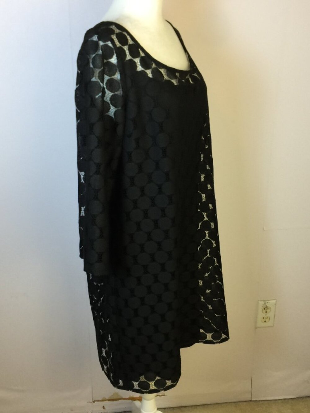 Muse Shift Dress Size 14 Womans Black Polka Dot Lace 3/4 Flared Sleeve Lined - Picture 3 of 13